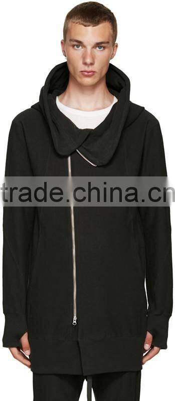 Long sleeve hoodie Structural wire at hood perimeter Asymmetrical zip closure Welt side pockets Rib knit cuffs and hem