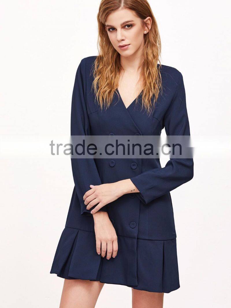 Navy Double Breasted Pleated Hem Dress Polyester Spandex Long Sleeve V Neck Casual Plain Dress