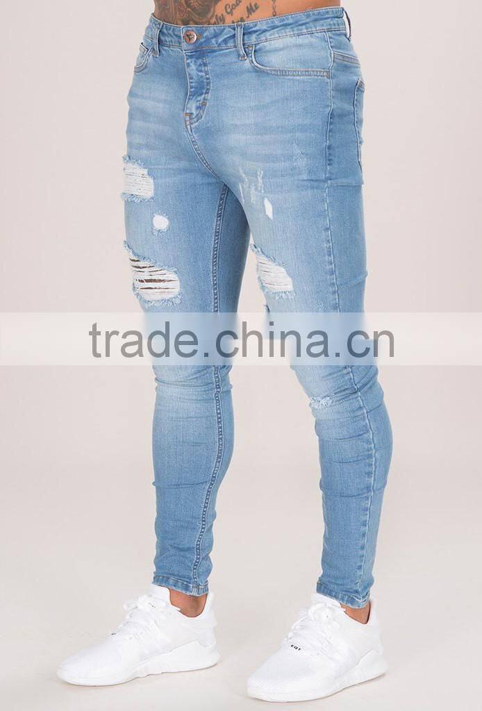 2016 vintage men's straight fit ripped washed selvedge light blue denim jeans