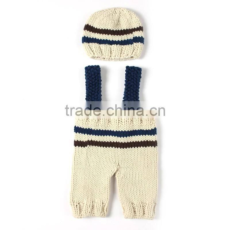2pcs Set Baby Photography Prop Crochet Knit Boy Stripe Hat Pants Overalls