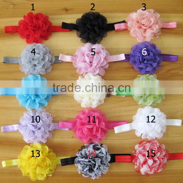 Wholesale hot children girls' elastic hair band with netted gauze flower 15 colors 10 cm children hairband headdress in stock