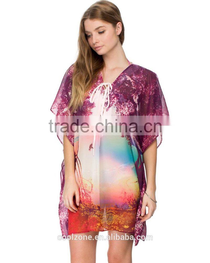 Relaxed fit lace v neck lakeside print kaftan women kaftan dress