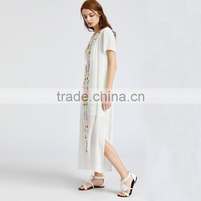 White short sleeve maxi Dress, women emboriedered fashion mesh dress