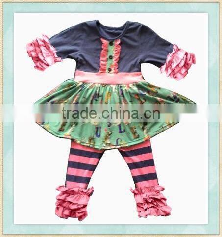 2017 new arrival clothes line imported brown pink stripes top dots double ruffle skirt