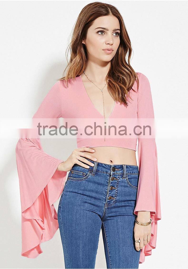 Women's fashion deep V neck sexy trumpet sleeve t shirt wholesale