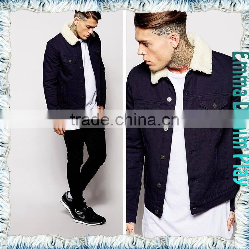 Vogue Cotton Denim Fleece Lining Jacket Dark Blue for Men