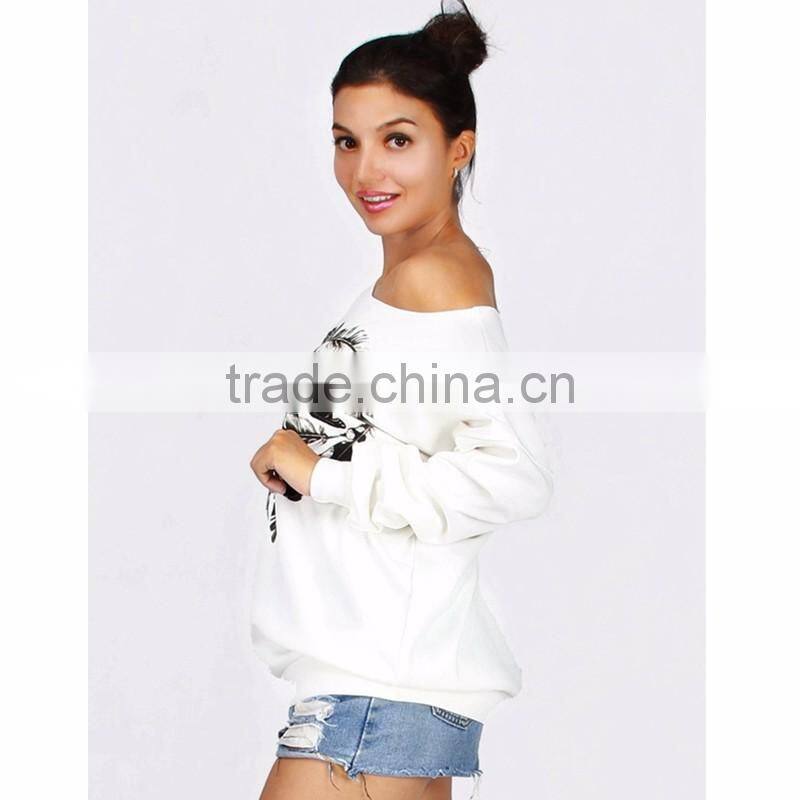 Cheap Ladies Street Wear White Asymmetrical Neck Sweatshirt with Pattern