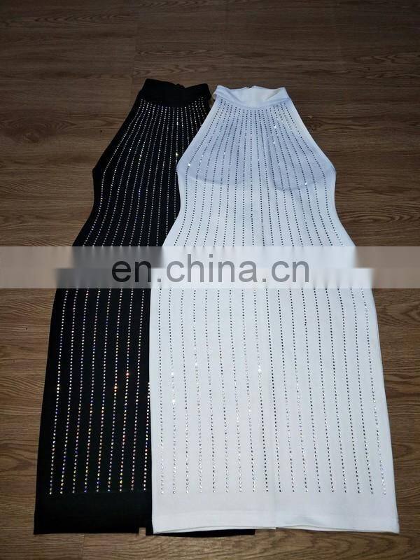 Amigo 2017 new design sexy black 100% cotton halter slit full hot-fix rhinestone evening dresses for ladis party wear