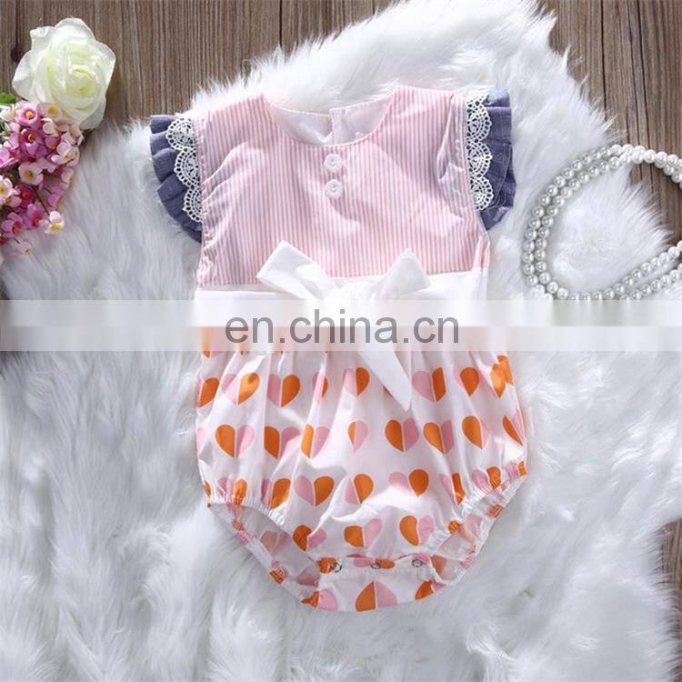 Newborn baby short sleeved romper striped and heart pattern cotton fly sleeve baby girl lace romper