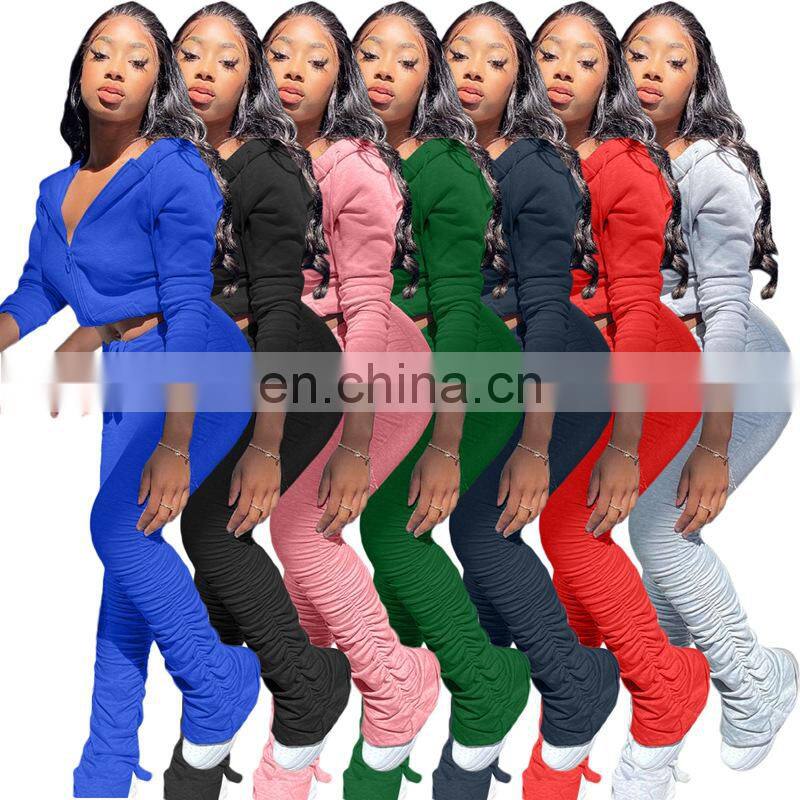 Wholesale custom women's suits Western style Solid color Sweater Folds Pocket jacket with hat Sports pants suit Hooded