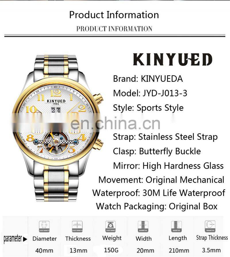 KINYUED J013 New Sporty Men Gold Watch Mechanical Men's Hand Watch Stainless Steel Auto Day Watch