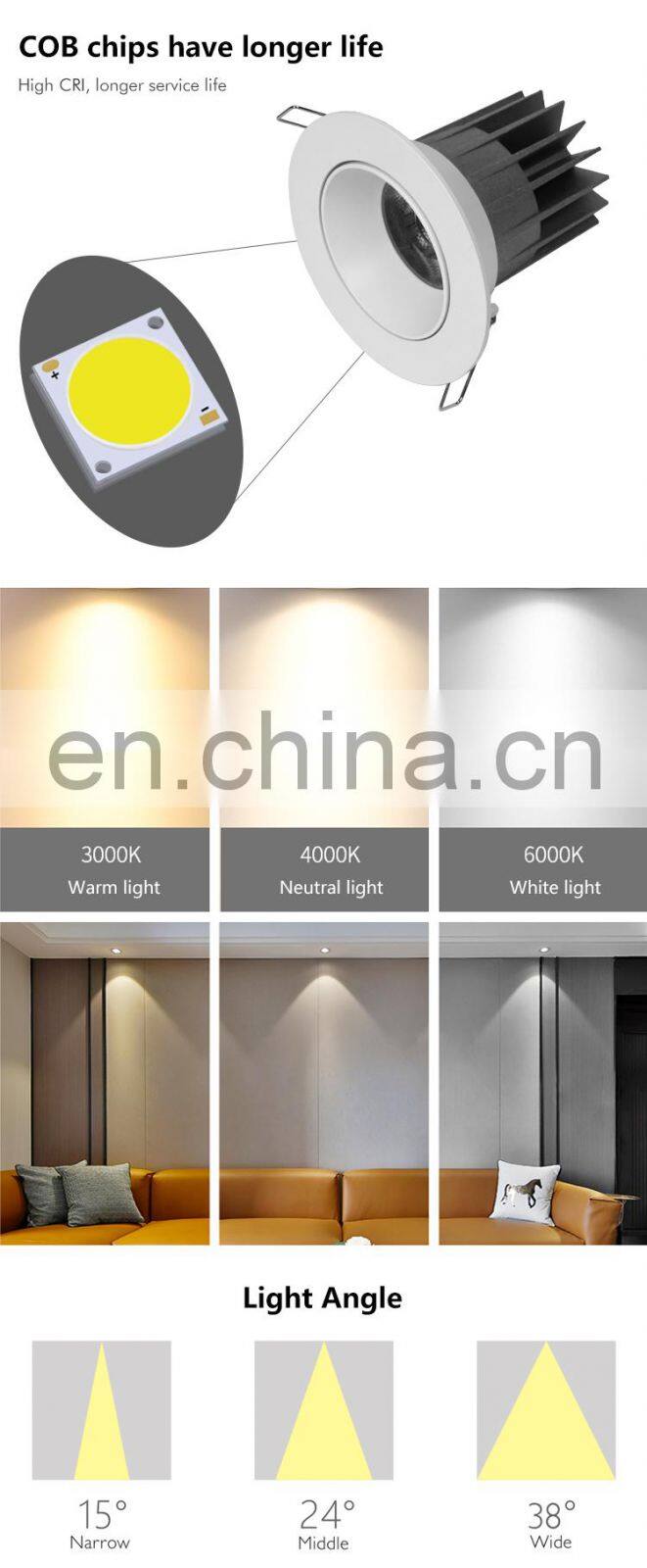 Energy Saving White Trim Recessed Spot Light Ceiling Fixture Indoor 7W COB LED Downlight