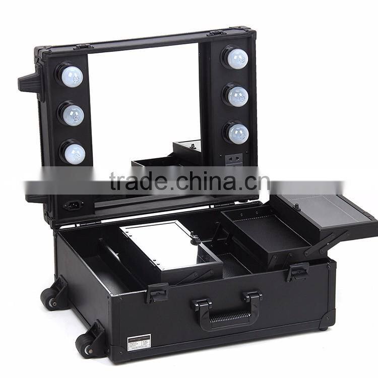 Hot product!!! PVC lighted makeup case with lights rolling makeup train case with light mirror