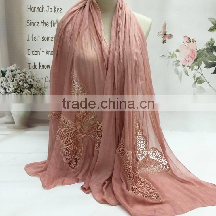 2016 Latest Charm Beautiful Hollow Out Butterfly Embroidery Plain Cotton Linen Scarf