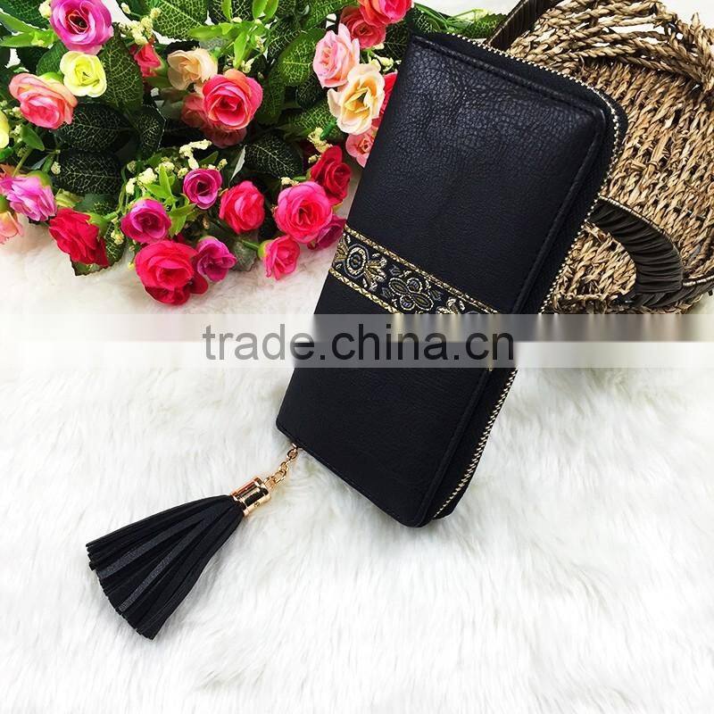 High Quality New Fashion Long Black Women Flower Leather PU Designer Wallet