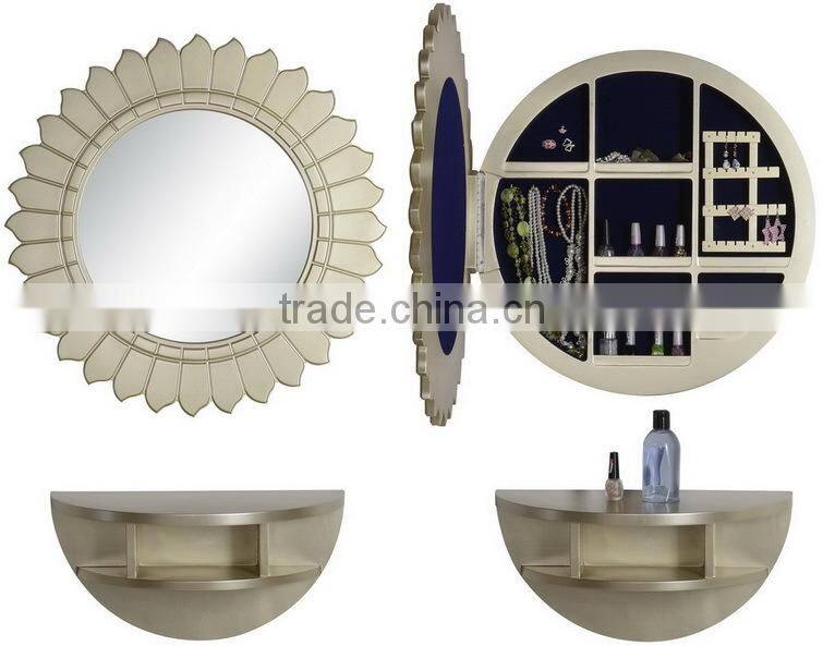 Wall Mounted Wooden Mirrored Jewelry Cabinet with Flower Shape and Bottom Shelf