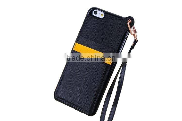 Ultra thin pu skin+tpu dual color cellphone pocket leather case for iphone 6/6s with hand rope
