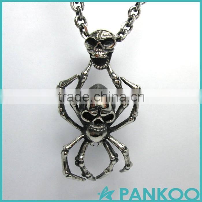 Vintage Stainless Steel Spider Skull Pendant Mens Necklace