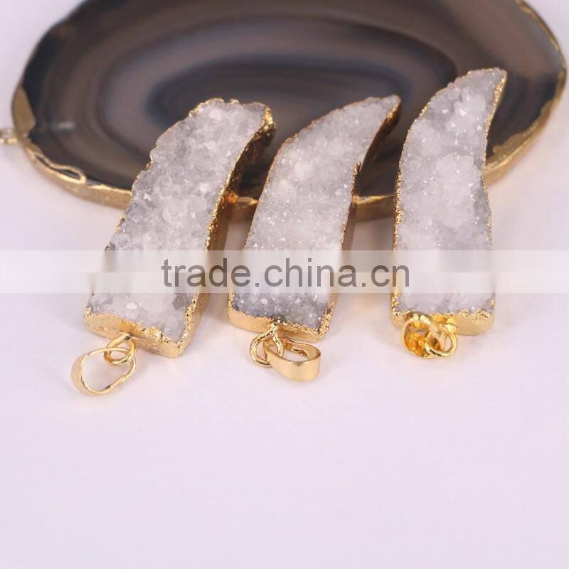 Druzy Quartz Stone Pendant Gold Plated Edged Horn Pendant Jewelry
