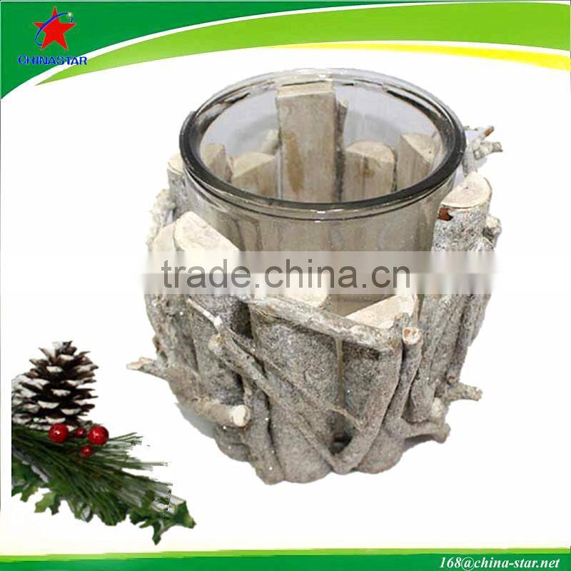 wood votive candle holder with glass holder inserted