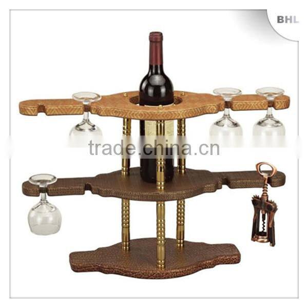 Hot Sales! Hotel Supplies Round Leather Red Wine Rack YJ-3 with 6 Glass Holder, Bottle Display Rack for Bar Counter/Guest Room