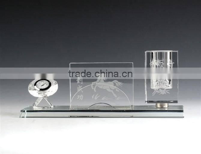 JingYaGe 3D Laser Animal Custom Crystal Glass Office Horse Pen Holder for Gifts with Clock&Bamboo Pattern Design