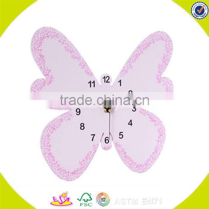 2017 wholesale pink butterfly wooden kids wall clock best design kids wall clock new wooden kids wall clock W09D019