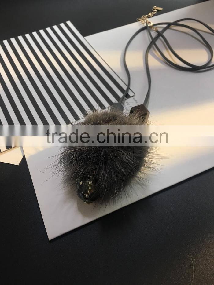 winter mink fur ball pendant necklace geometric bead suede leather necklace velvet leather necklace