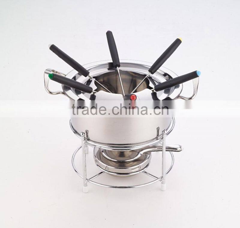 Hot sale stainless steel round cheese/chocolate fondue set with fork