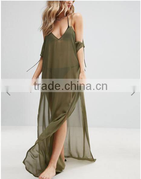 Summer New Style Sexy Plain V-neck Adjustable Straps Side Splits Olive Chiffon Floor-length Beach Kaftan with Cold Shoulders
