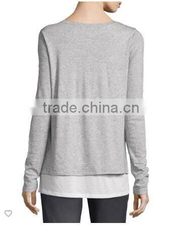 high quality Double-Layer Long-Sleeve Tee/Pima cotton Relaxed style Top layer side open hemp t shirt for women