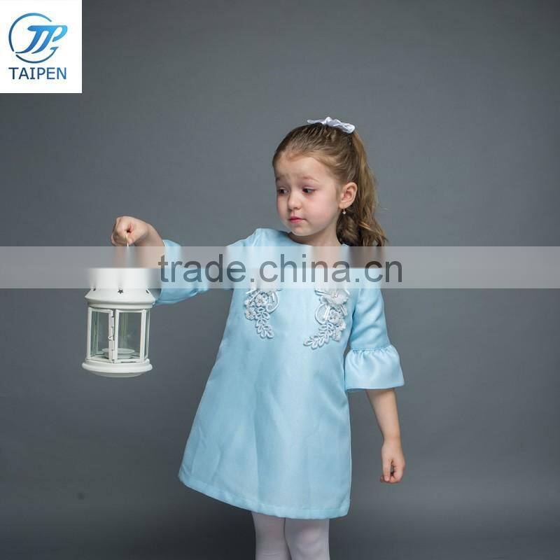 Girls A-line Puff Sleeve Dresss With Flower Pattern Blue Stain Dress Designs For Girl OEM Service