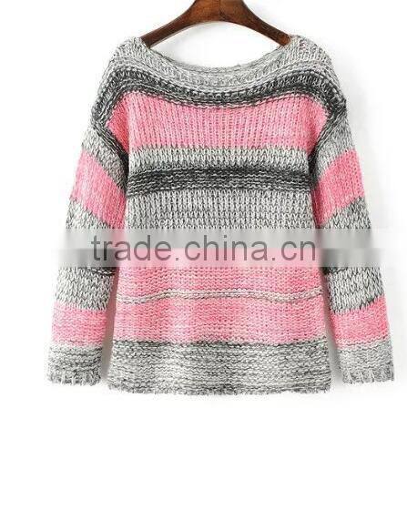 EY0866S ladies grey and pink striped pullover boat neck sweater knitting pattern