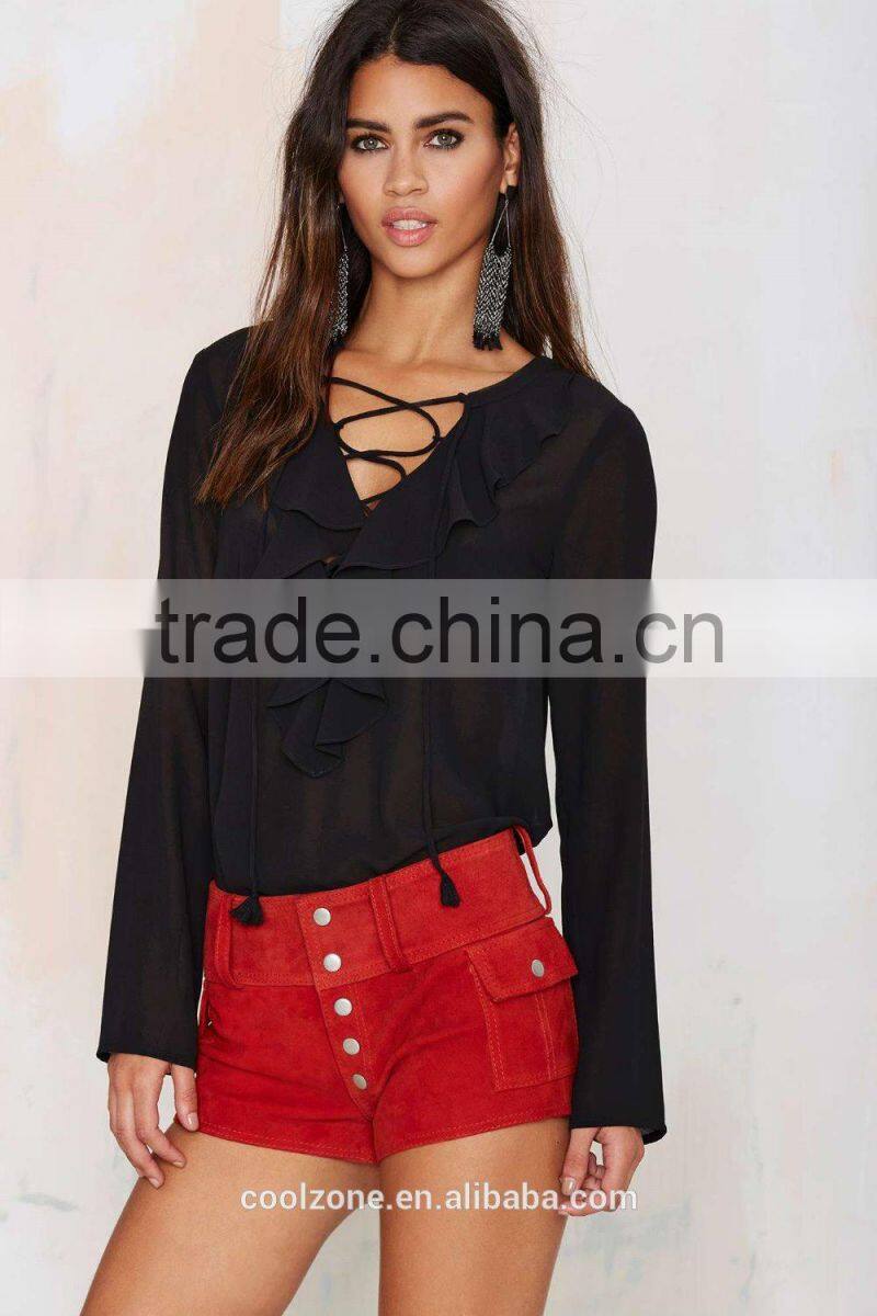 Latest chiffon blouse ruffled lady blouse wholesale lace up blouses 2015