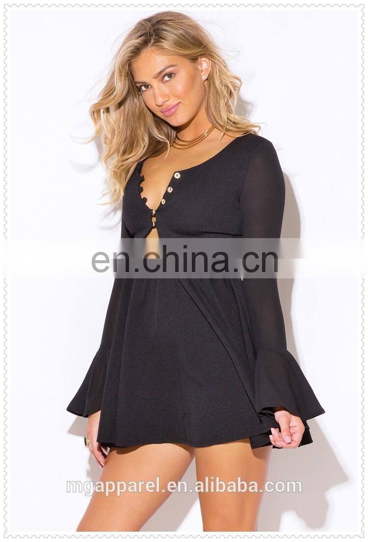 Black ruffle V neck party dress with long bell sleeve