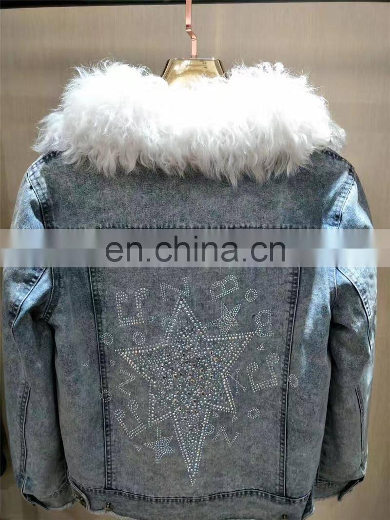 2016 Top Fashion Real Lamb Fur Collar Denim Parka with Hood Women Fur