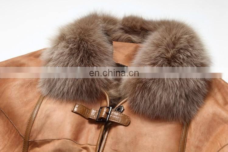 Fashion Design Fox Fur Collar Sheep Fur And Skin Jacket Short Sleeves Fur Coat Trend Winter Fur Dress