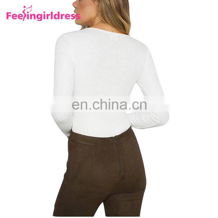 Latest Design Big Stock Dark Red Knitting Bodysuit Long Sleeves Women Sexy Jumpsuits Rompers