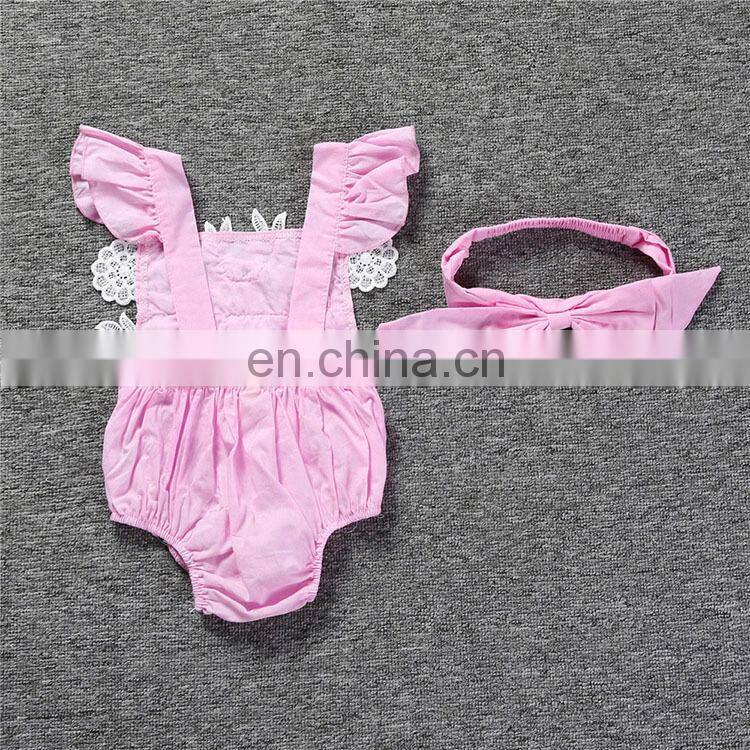 Newly baby girl pink lace flower romper jumpsuit 2 pieces set bow hair band rompers baby suit