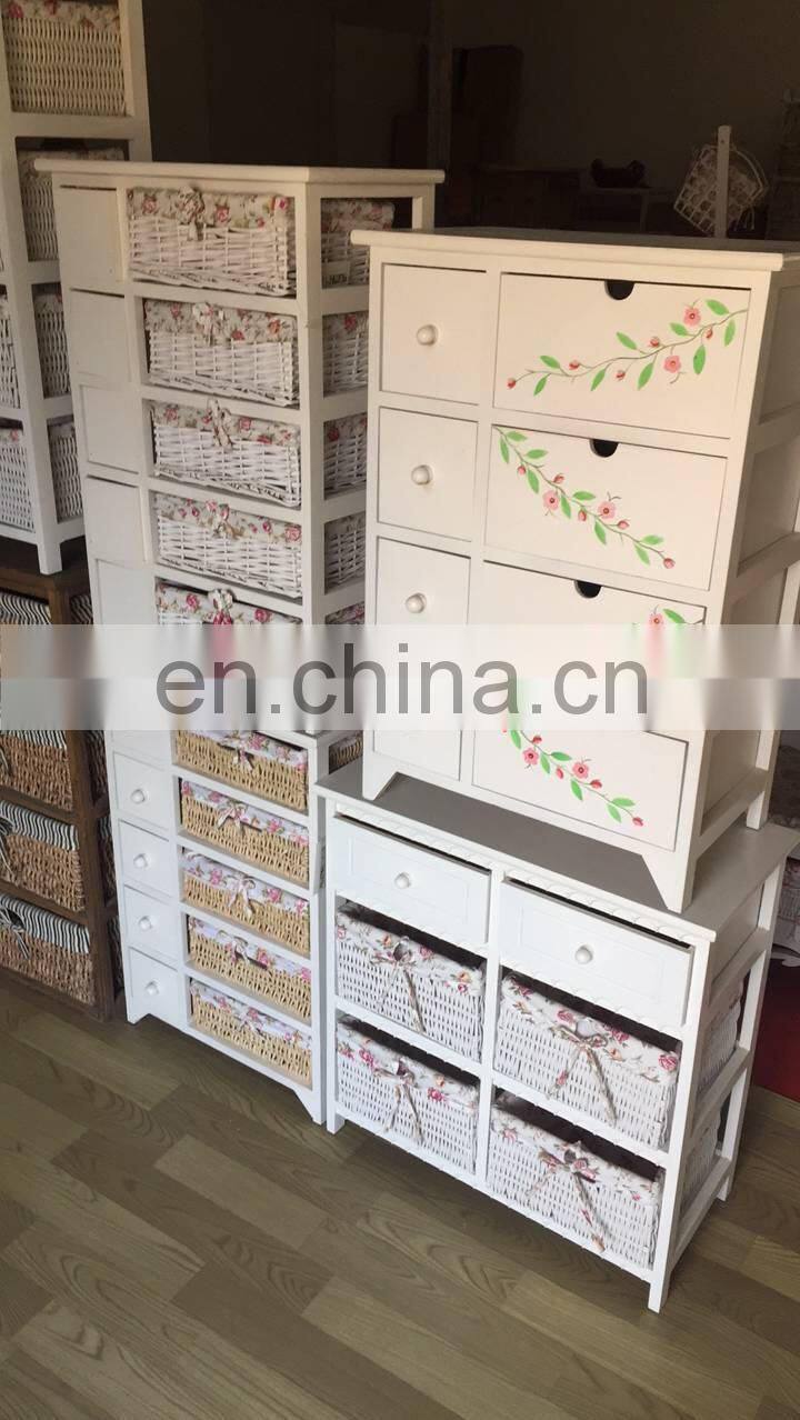 white home funiture solid wood storage cabinet with wicker drawers willow basket