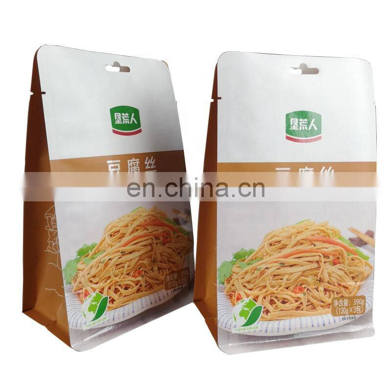 Stand up flat bottom white kraft paper bag custom logo 390g Tofu Wire pouch resealable gusset bag with clear side window