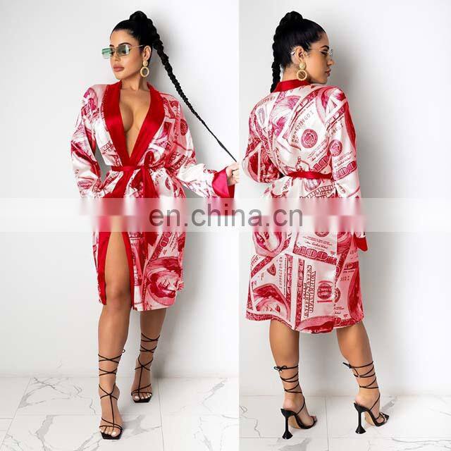 Hot Sell Satin Money Print Silk Robes Women Sexy