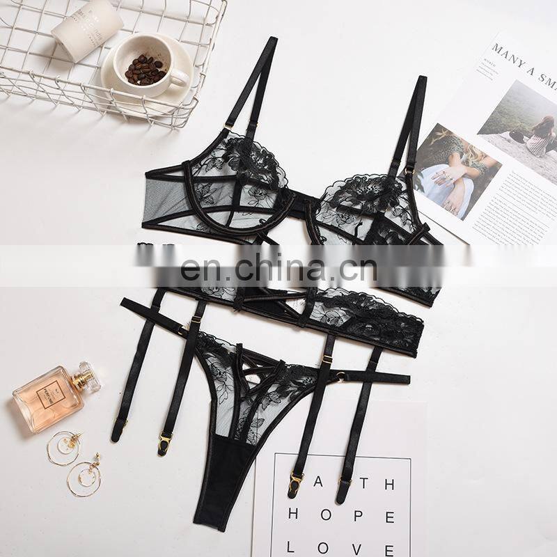 Lace See through Lingerie with Steel Ring Gathered Push up Bra Sexy Bra and Panties Sets