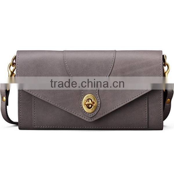 2016 gray color casual leather flap with hardware closure lady clutch bag