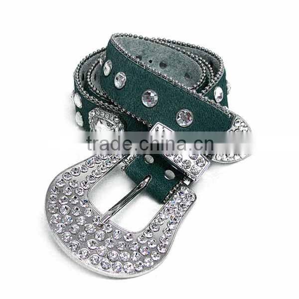 GENUINE LEATHER faux fur square teal rhinestone and crystal accents belt