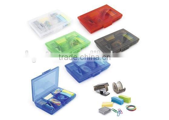 Plastic case set plastic tool case mini plastic case containing: Stitcher, spare hooks, tape dispenser, color clips, rubber Band