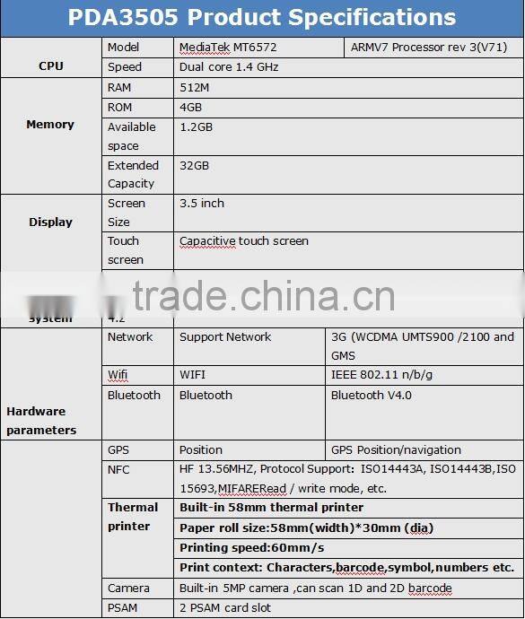 IP65 PDA3505 android rugged handheld pda with mobile printer 3g IC card reader