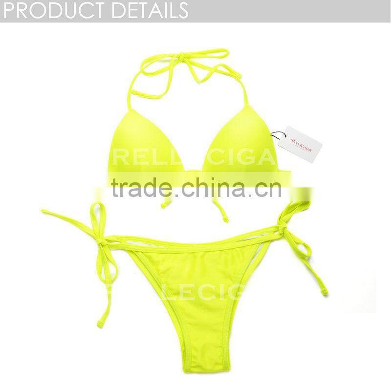 2016 RELLECIGA Neon Yellow Push-up Triangle Top Swimwear with Adjustable Halter Strap & Brazilian Cut Scr