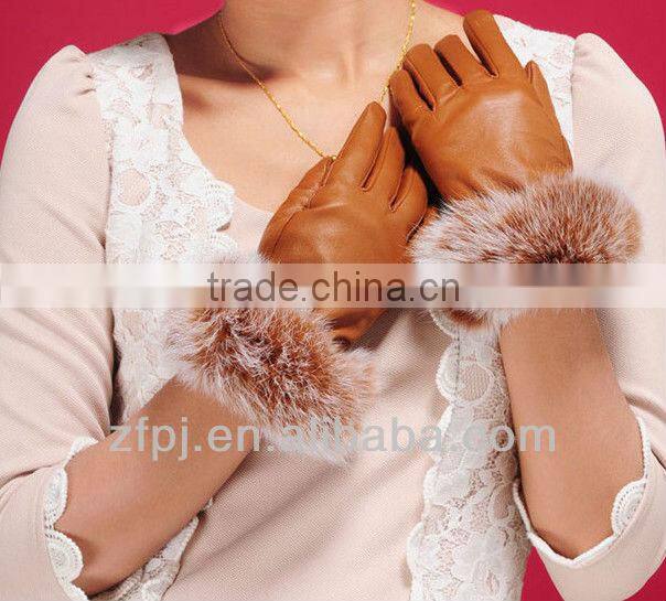 luxuriant style leather rabbit fur cuff glove