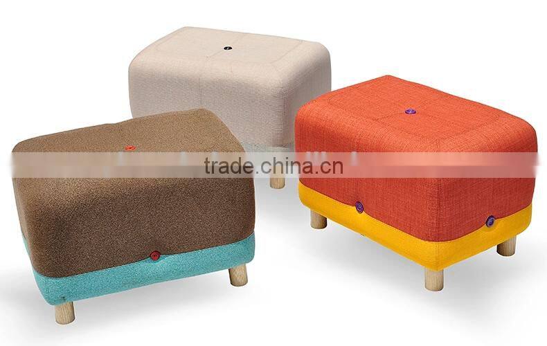 Colorful square wooden with PU leather/wool/linen fabric foot stool